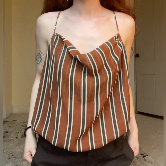 Astr Brown Green White Bodysuit with Vertical Stripes Flattering Flowy Tank NWT - Picture 3 of 12